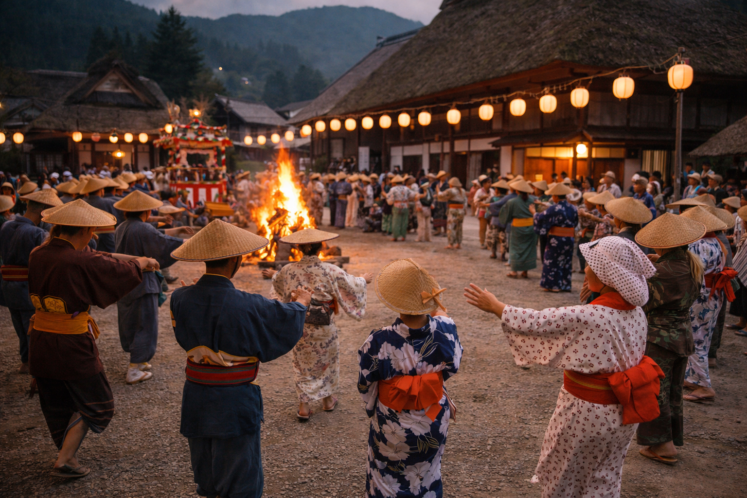 日本の盆踊りと民俗舞踊を思わせる夏祭りの踊り